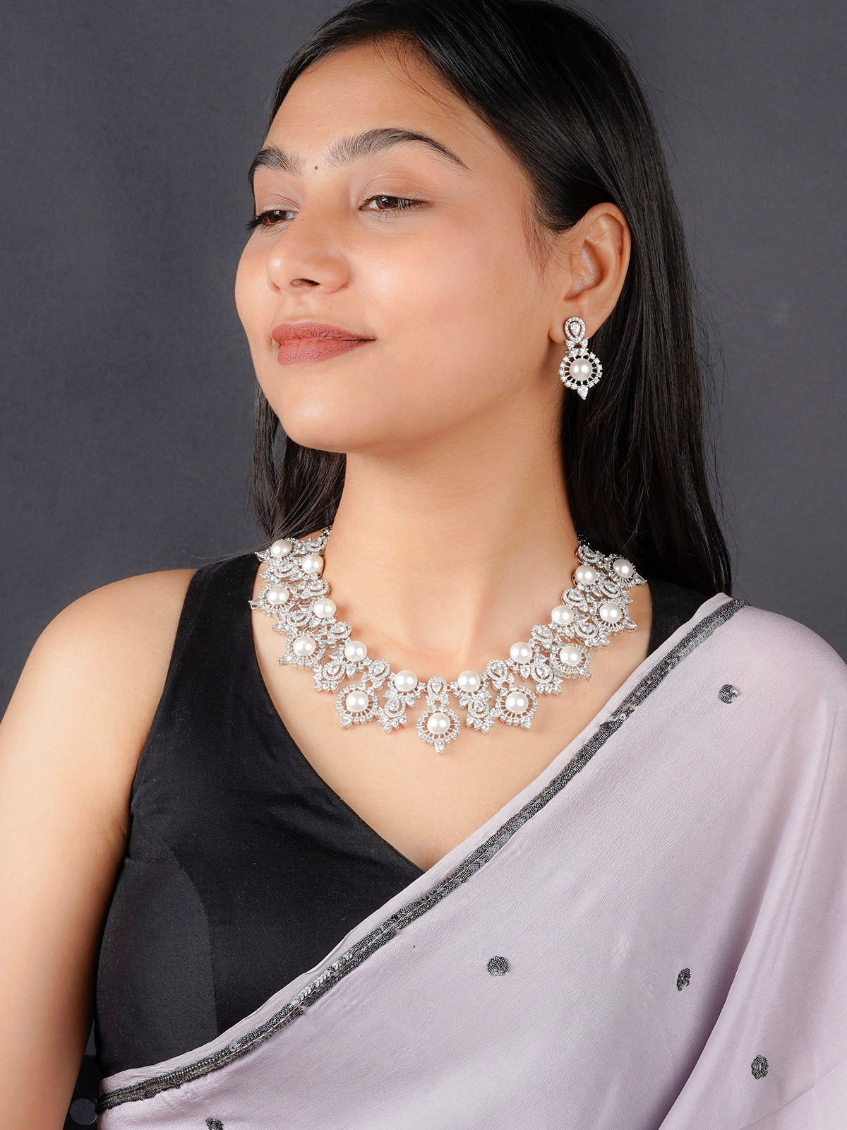 CZSET305 - White Color Silver Plated Faux Diamond Necklace Set