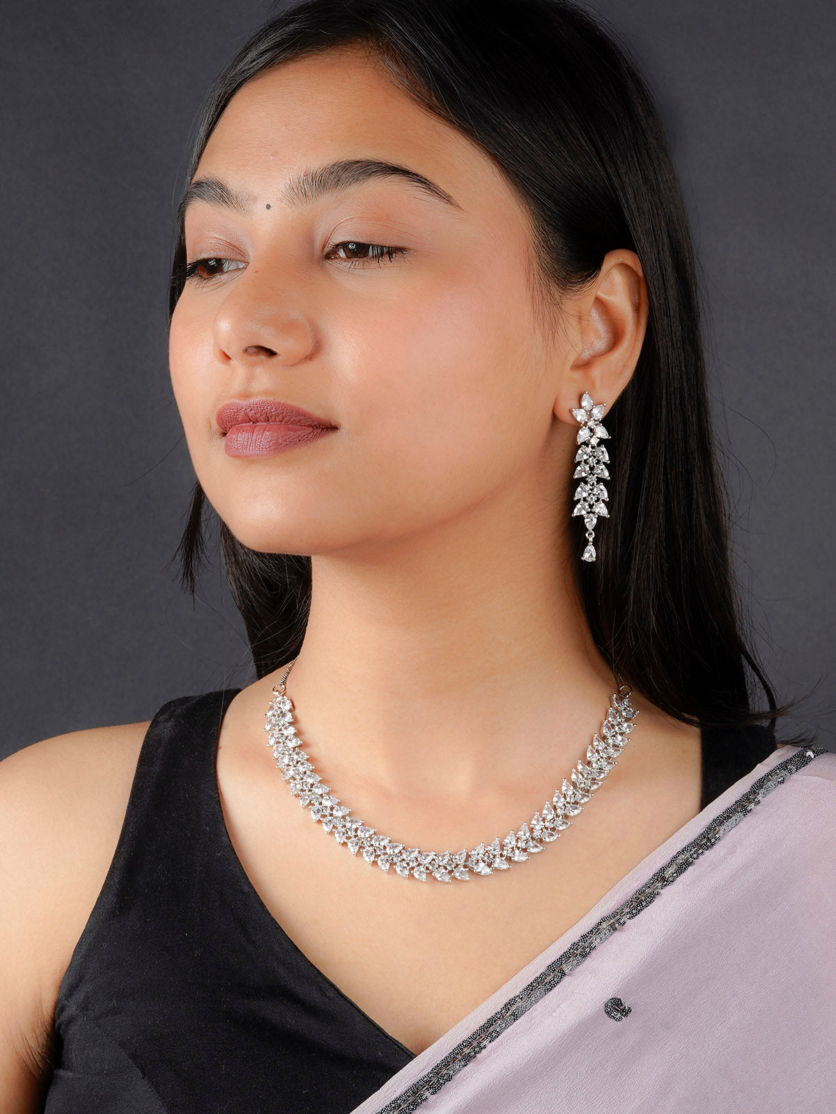 CZSET307 - White Color Silver Plated Faux Diamond Necklace Set