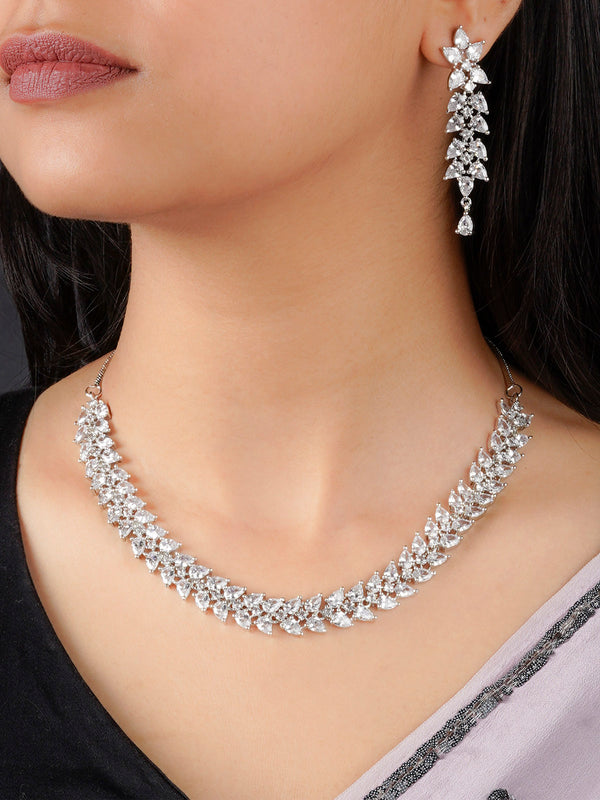 CZSET307 - White Color Silver Plated Faux Diamond Necklace Set