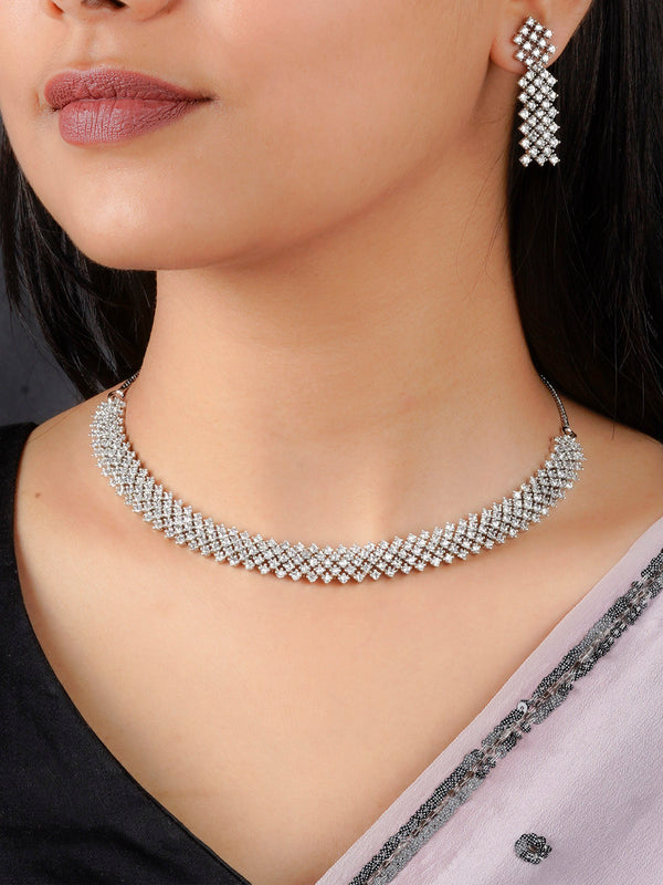CZSET308 - White Color Silver Plated Faux Diamond Necklace Set