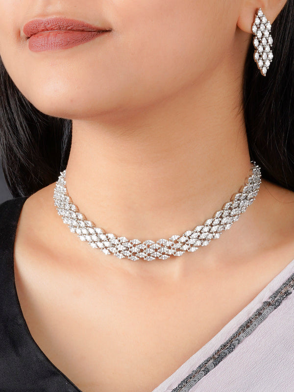 CZSET311  - White Color Silver Plated Faux Diamond Necklace Set