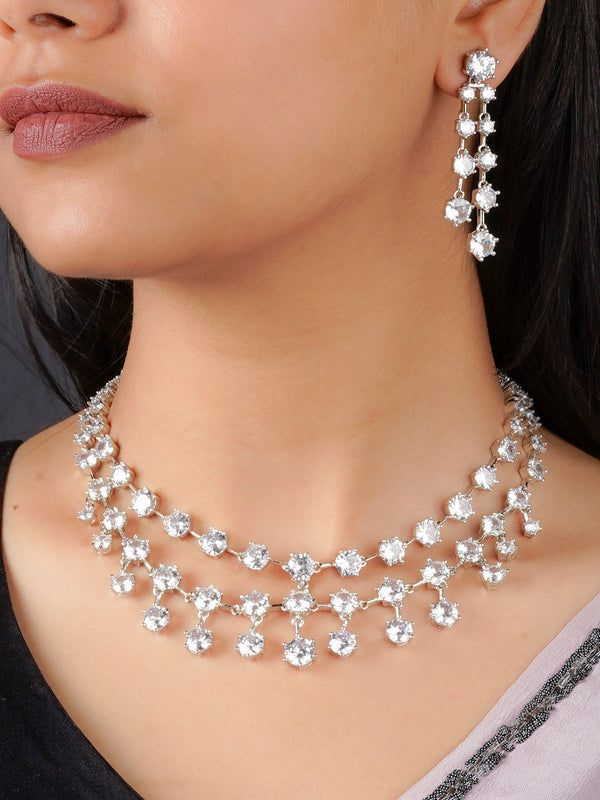 CZSET312  - White Color Silver Plated Faux Diamond Necklace Set