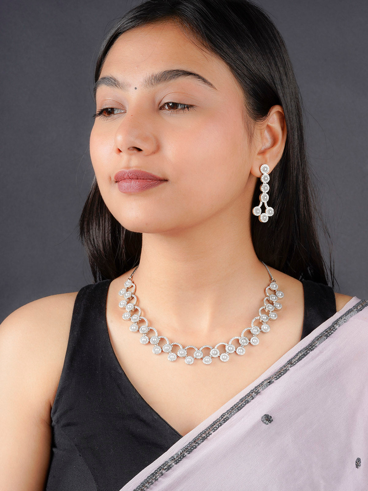 CZSET313 - White Color Silver Plated Faux Diamond Necklace Set