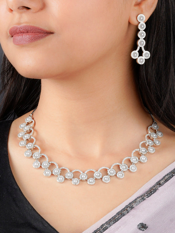 CZSET313 - White Color Silver Plated Faux Diamond Necklace Set
