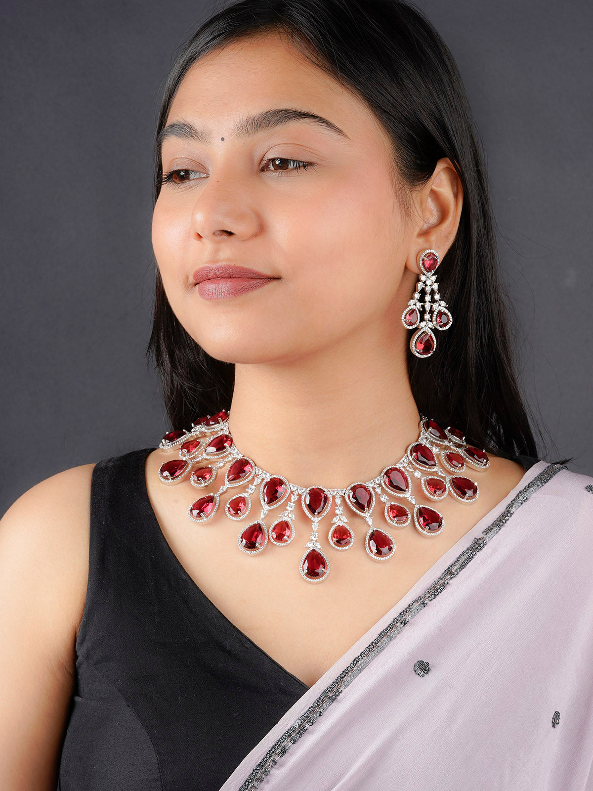 CZSET314R - Red Color Silver Plated Faux Diamond Necklace Set