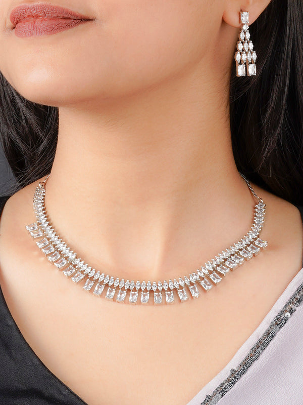 CZSET319 - White Color Silver Plated Faux Diamond Necklace Set