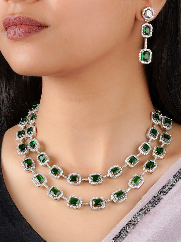CZSET320GR - Green Color Silver Plated Faux Diamond Necklace Set