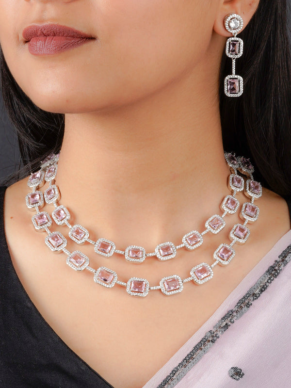 CZSET320LP - Baby Pink Color Silver Plated Faux Diamond Necklace Set