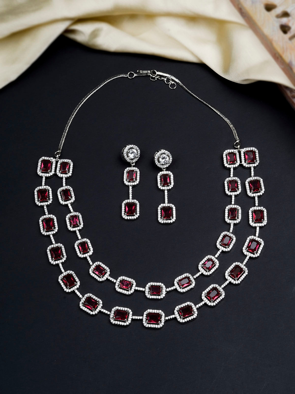 CZSET320R - Red Color Silver Plated Faux Diamond Necklace Set
