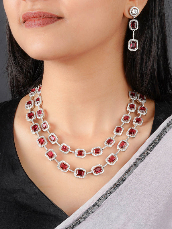 CZSET320R - Red Color Silver Plated Faux Diamond Necklace Set