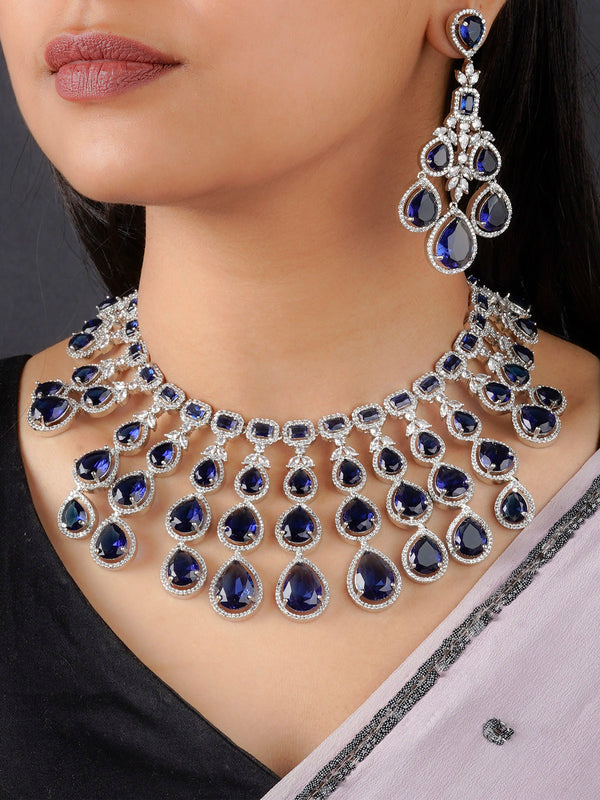 CZSET321BL - Blue Color Silver Plated Faux Diamond Necklace Set