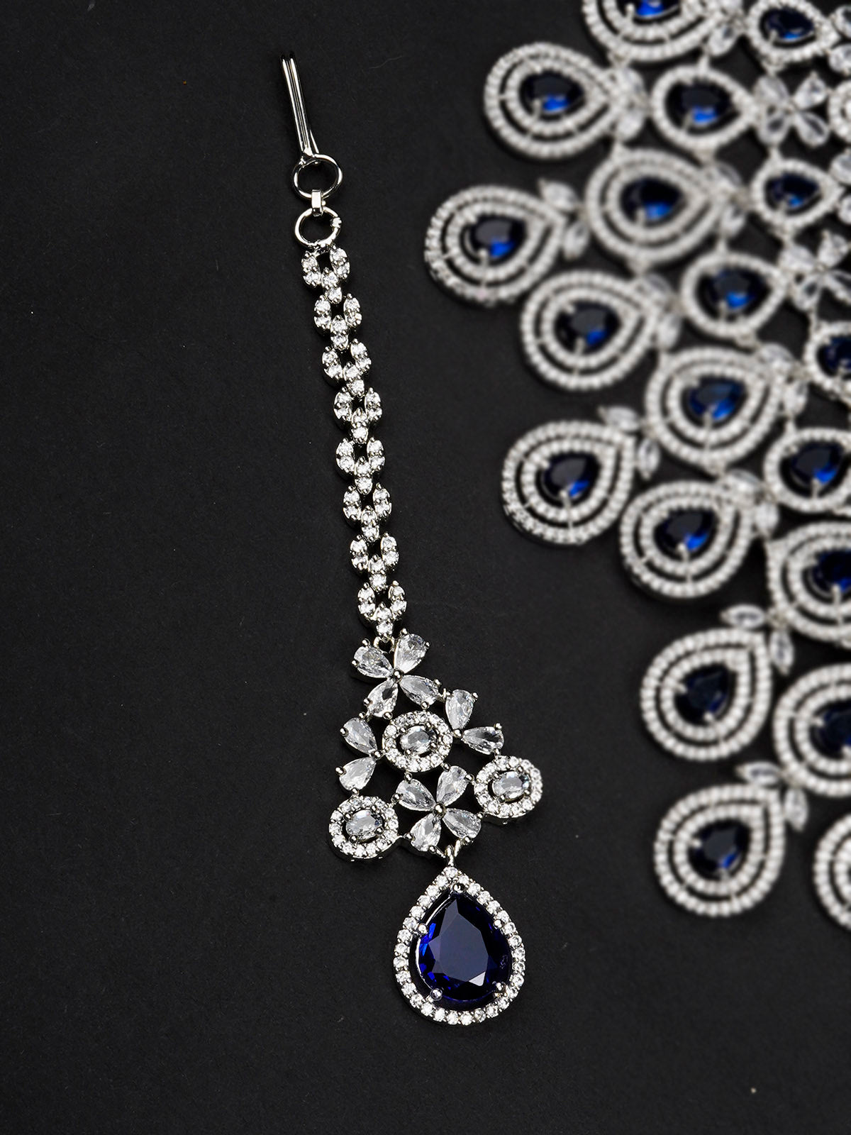 CZSET322BL - Blue Color Silver Plated Faux Diamond Necklace Set