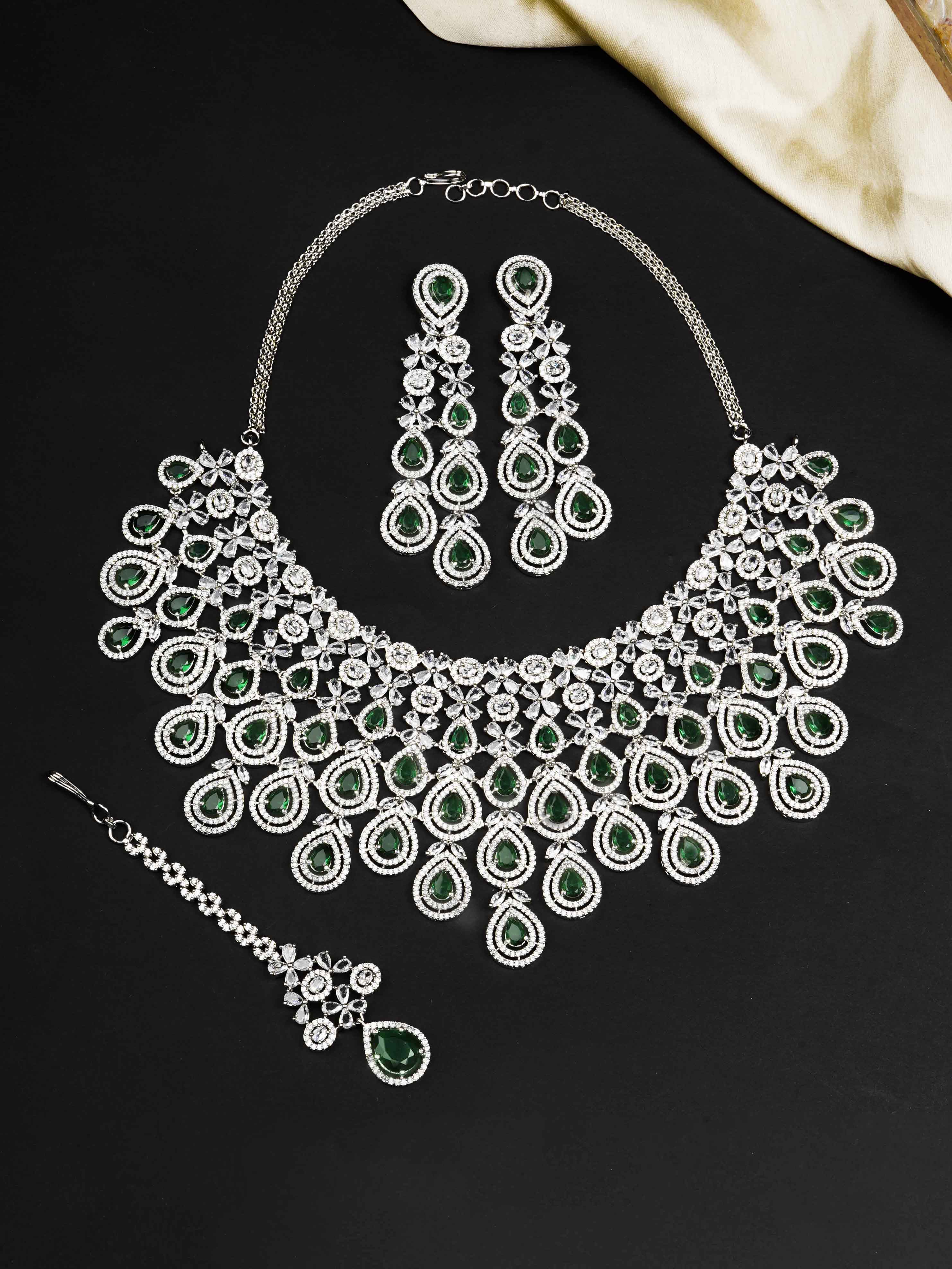 CZSET322GR - Green Color Silver Plated Faux Diamond Necklace Set