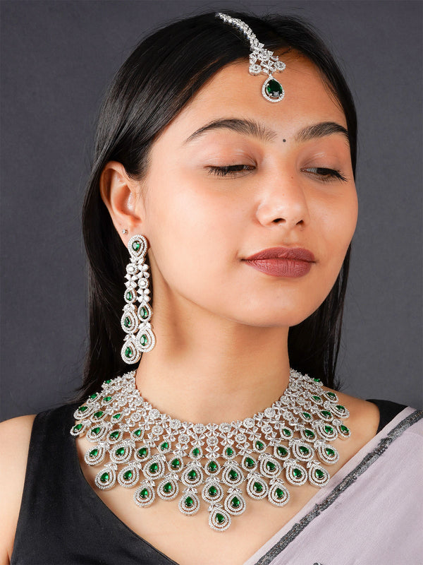 CZSET322GR - Green Color Silver Plated Faux Diamond Bridal Necklace Set