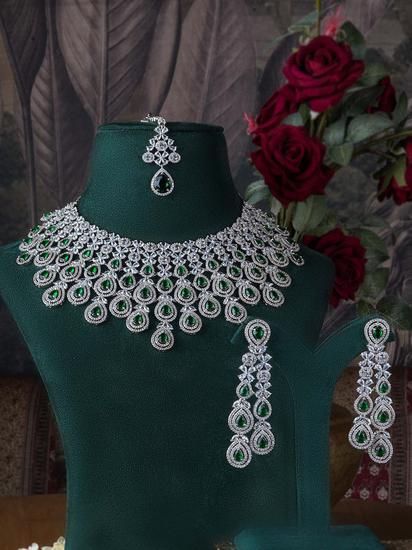 CZSET322GR - Green Color Silver Plated Faux Diamond Bridal Necklace Set