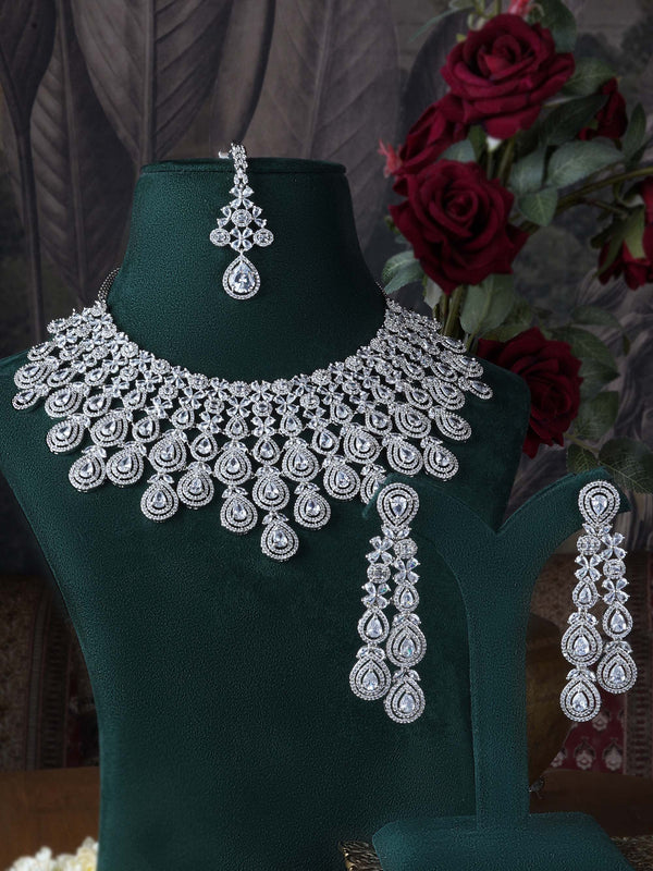 CZSET322 - White Color Silver Plated Faux Diamond Bridal Necklace Set