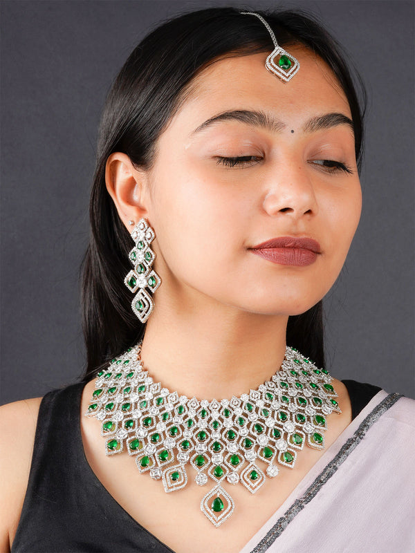 CZSET323GR - Green Color Silver Plated Faux Diamond Necklace Set