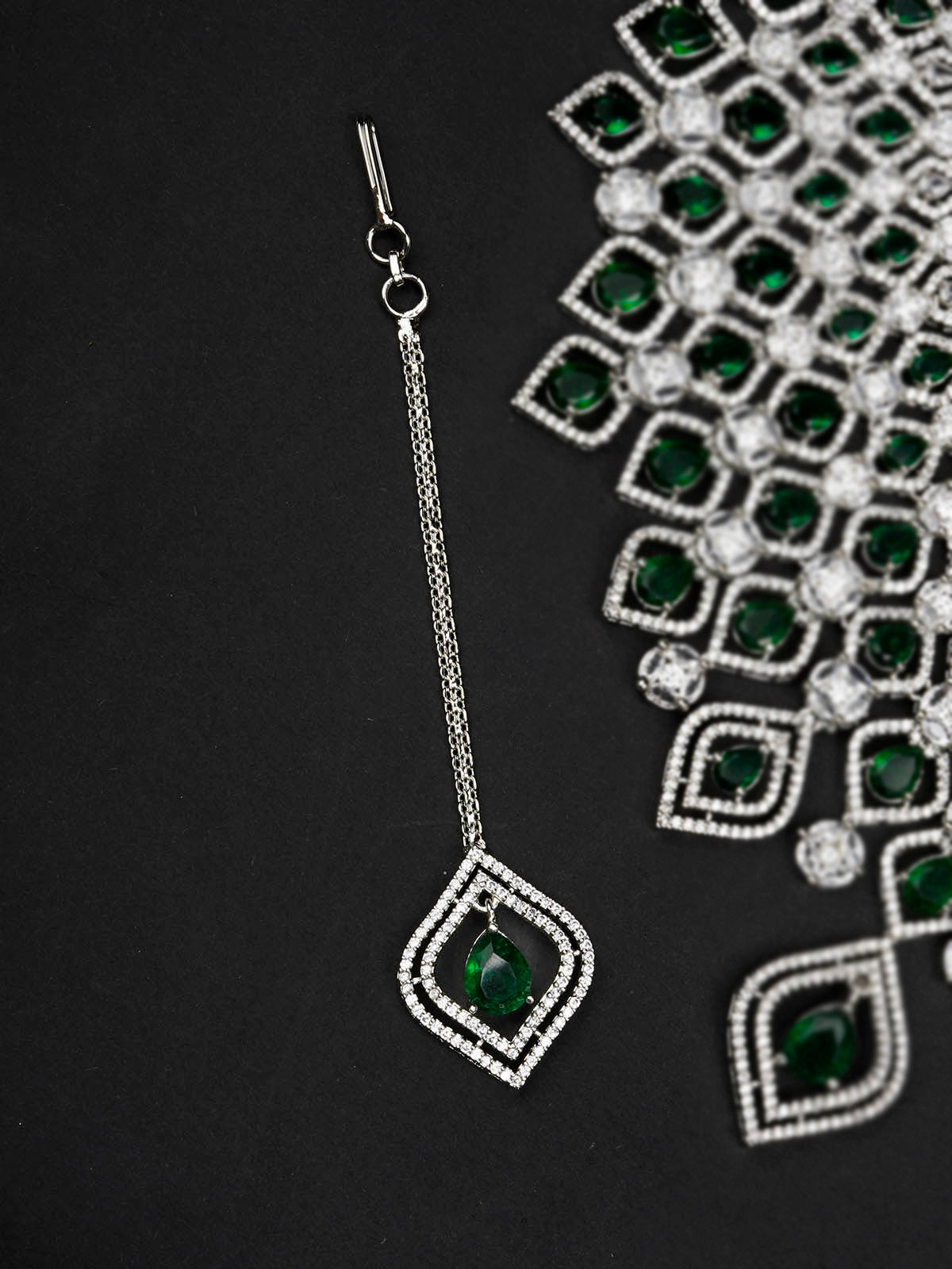 CZSET323GR - Green Color Silver Plated Faux Diamond Necklace Set
