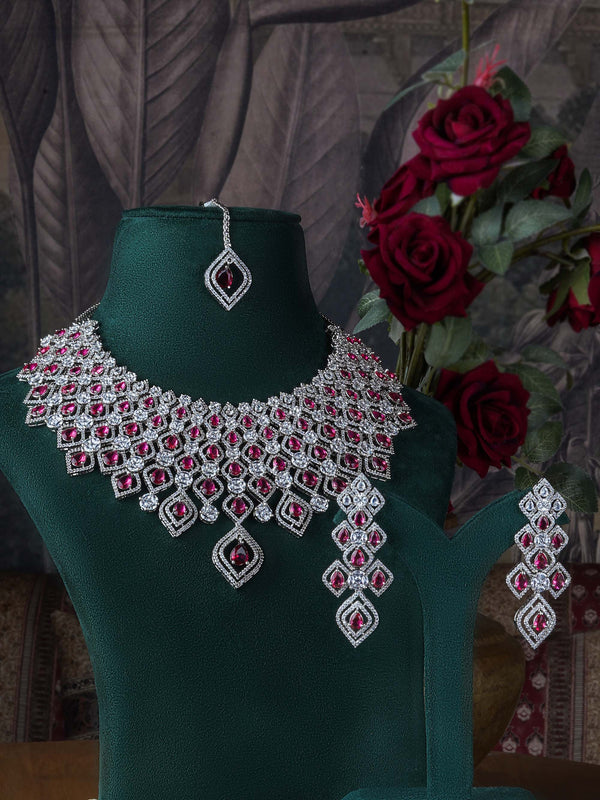 CZSET323P - Pink Color Silver Plated Faux Diamond Bridal Necklace Set