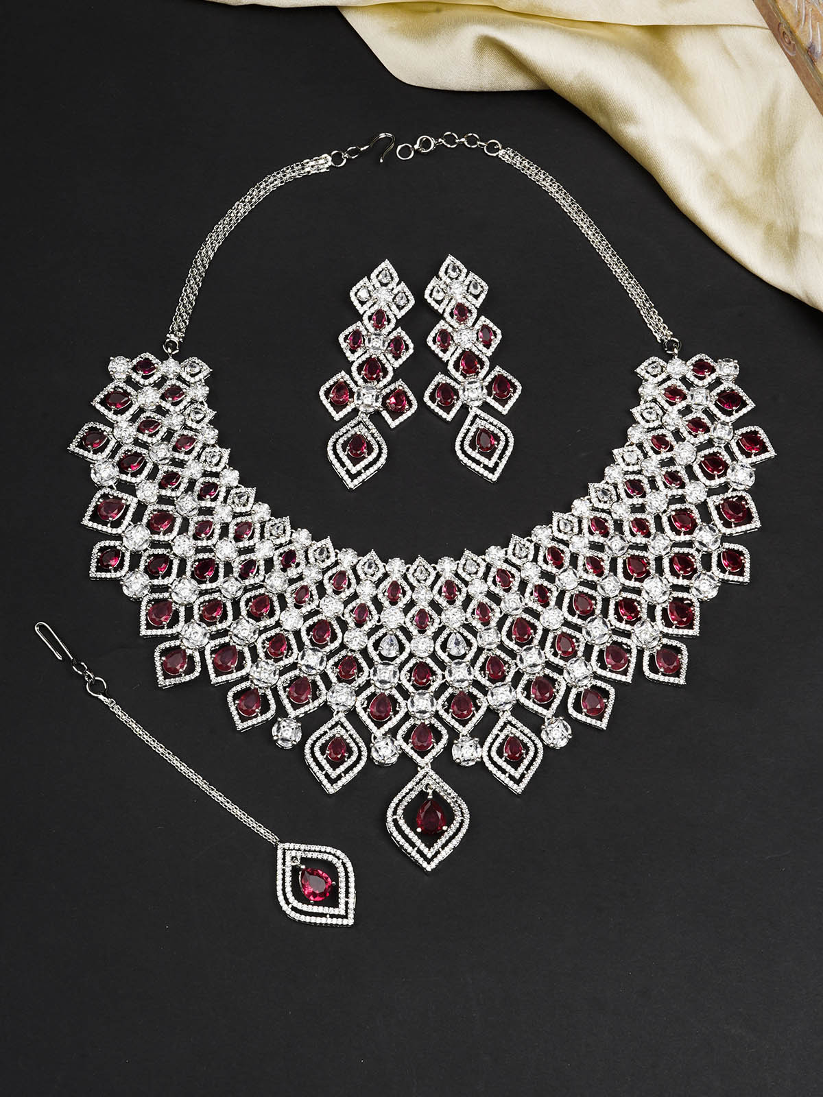 CZSET323P - Pink Color Silver Plated Faux Diamond Necklace Set