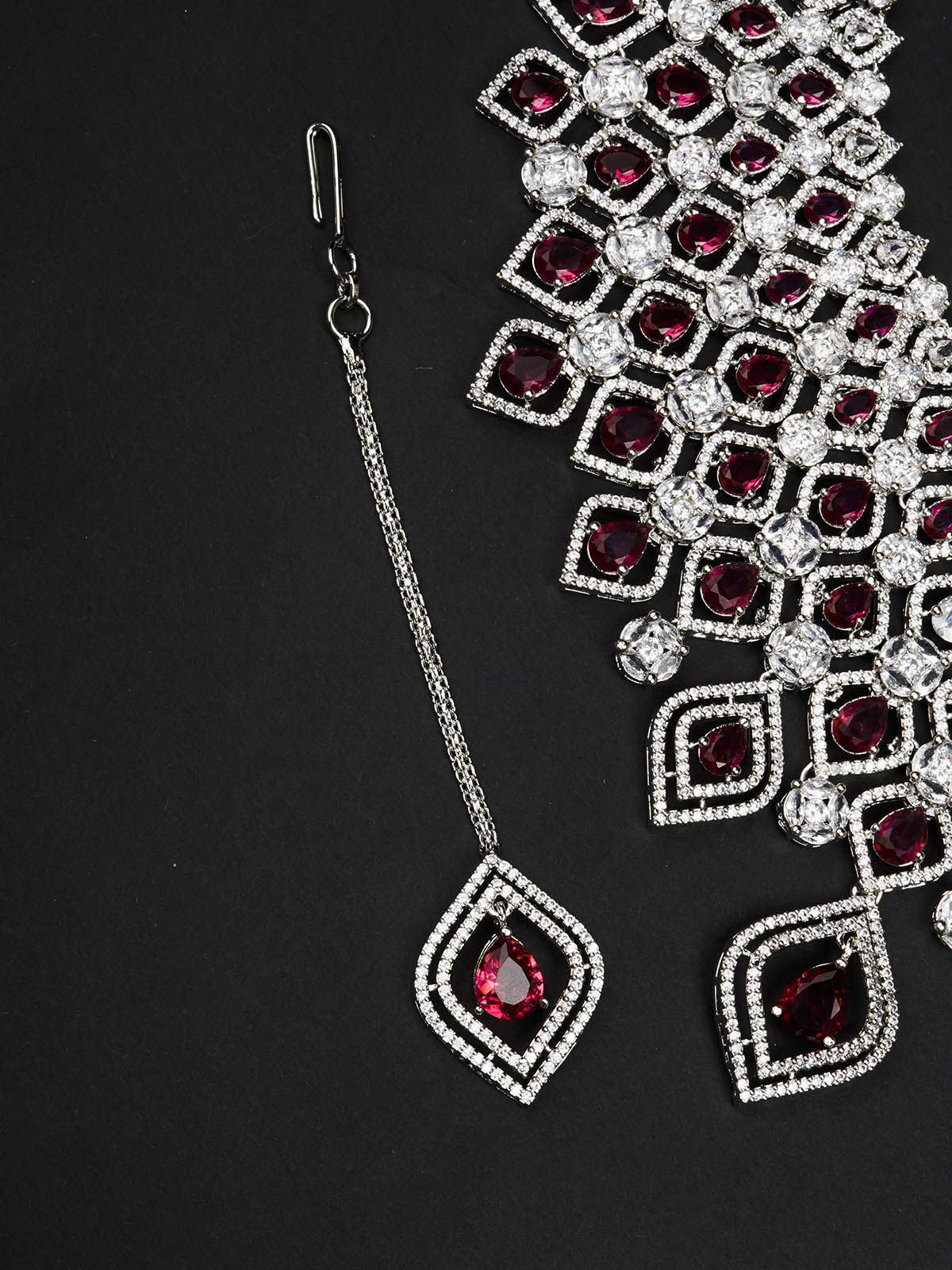 CZSET323P - Pink Color Silver Plated Faux Diamond Necklace Set