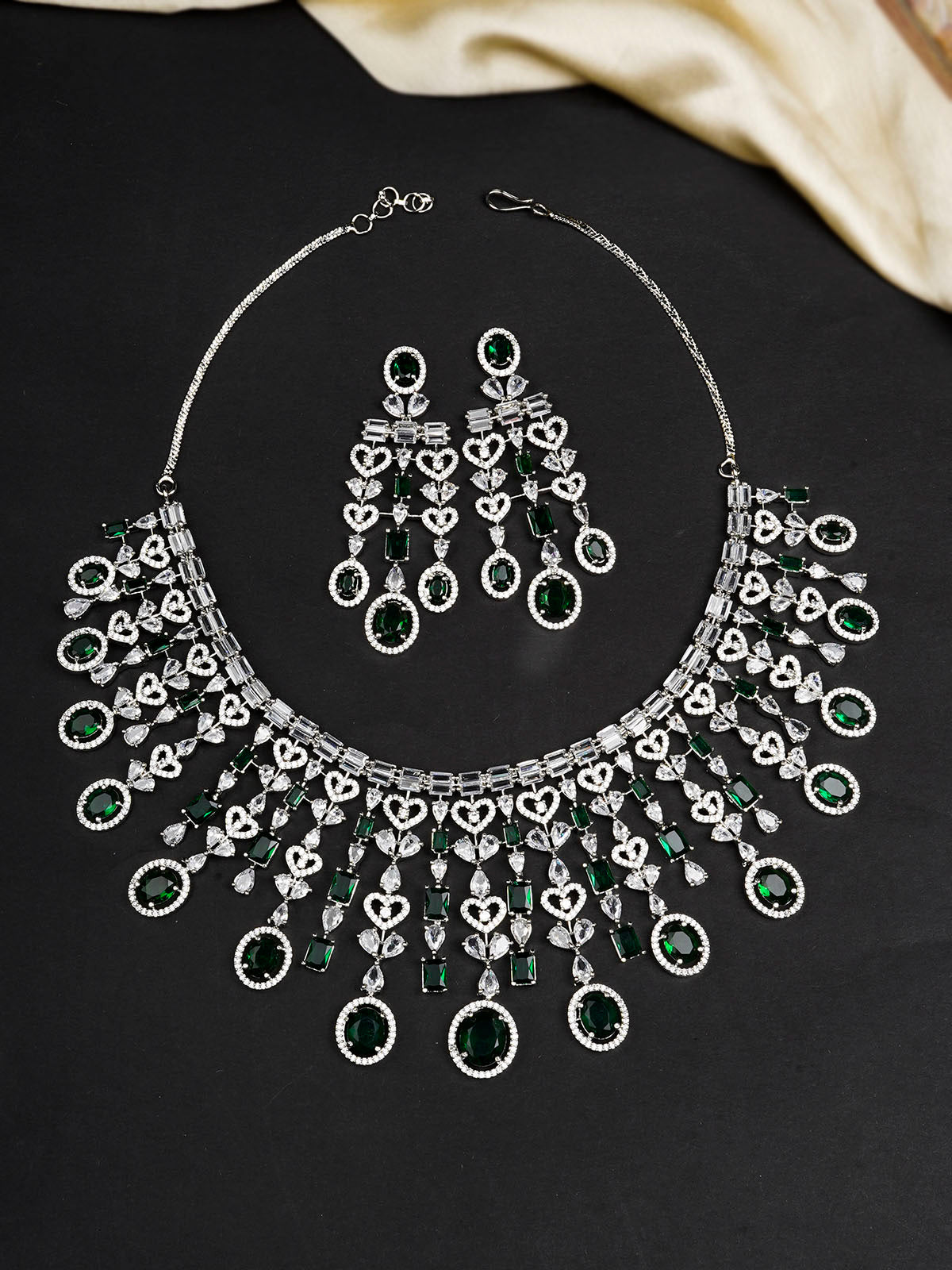 CZSET324GR - Green Color Silver Plated Faux Diamond Necklace Set