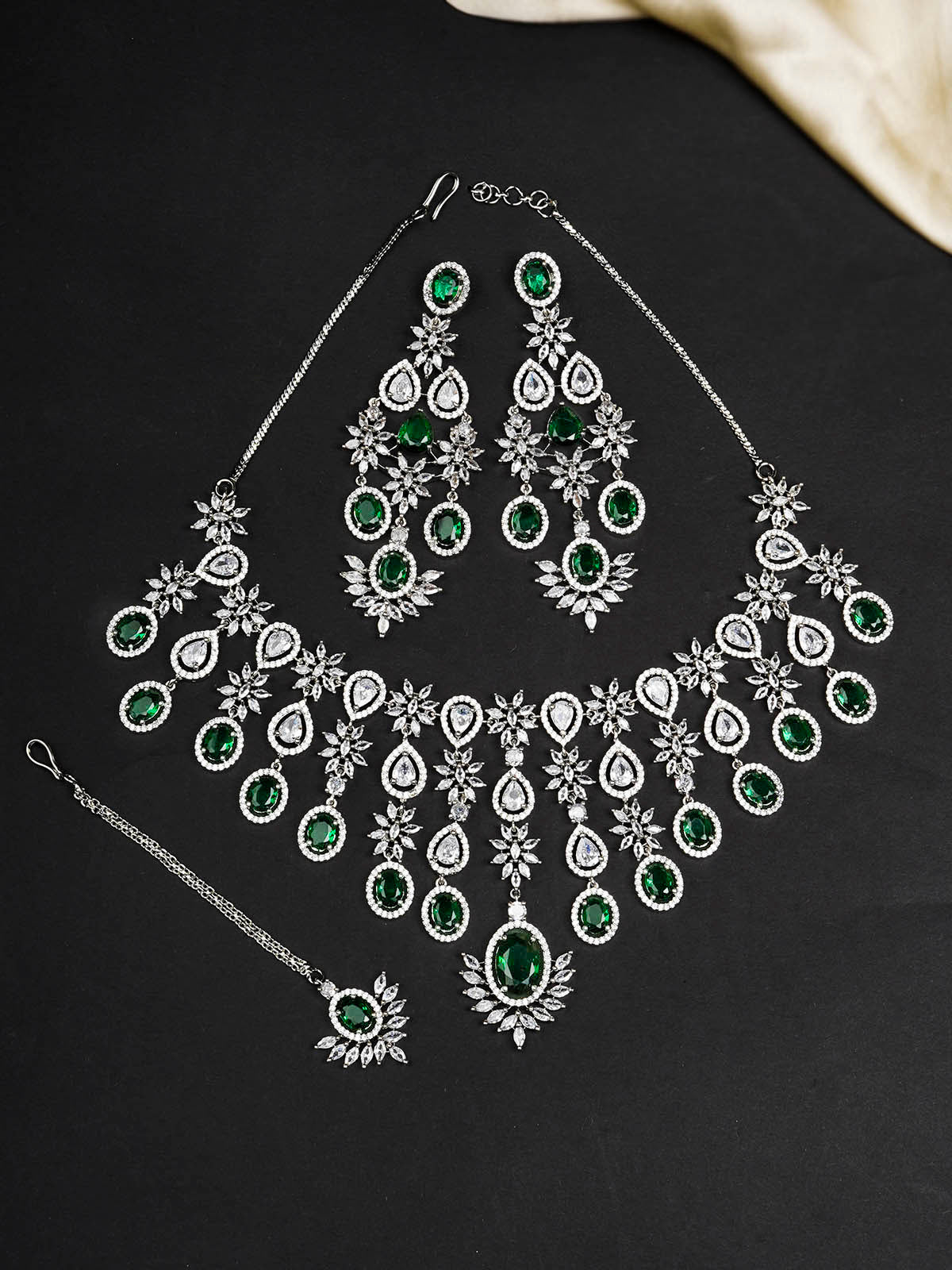 CZSET325GR - Green Color Silver Plated Faux Diamond Necklace Set