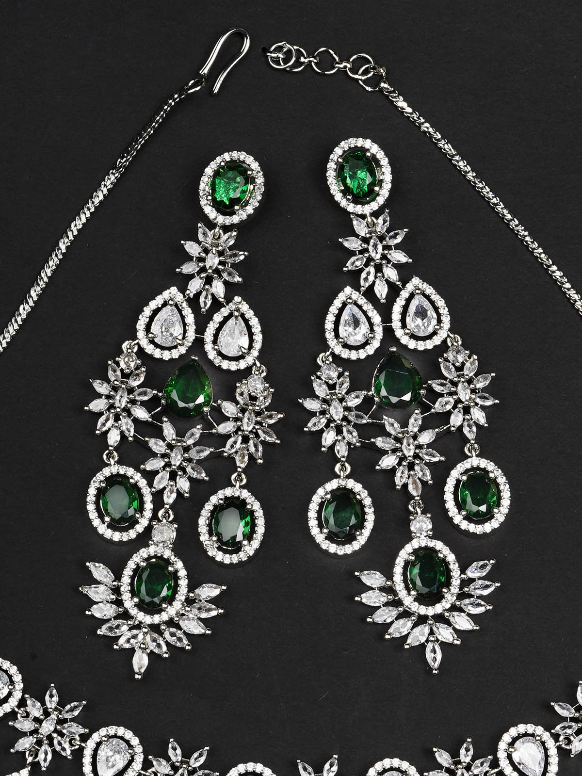 CZSET325GR - Green Color Silver Plated Faux Diamond Necklace Set
