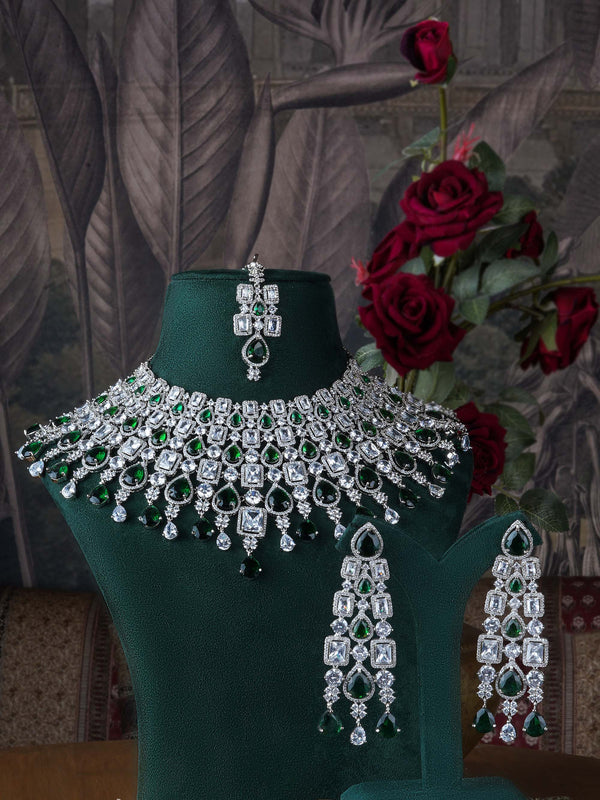 CZSET326GR - Green Color Silver Plated Faux Diamond Bridal Necklace Set
