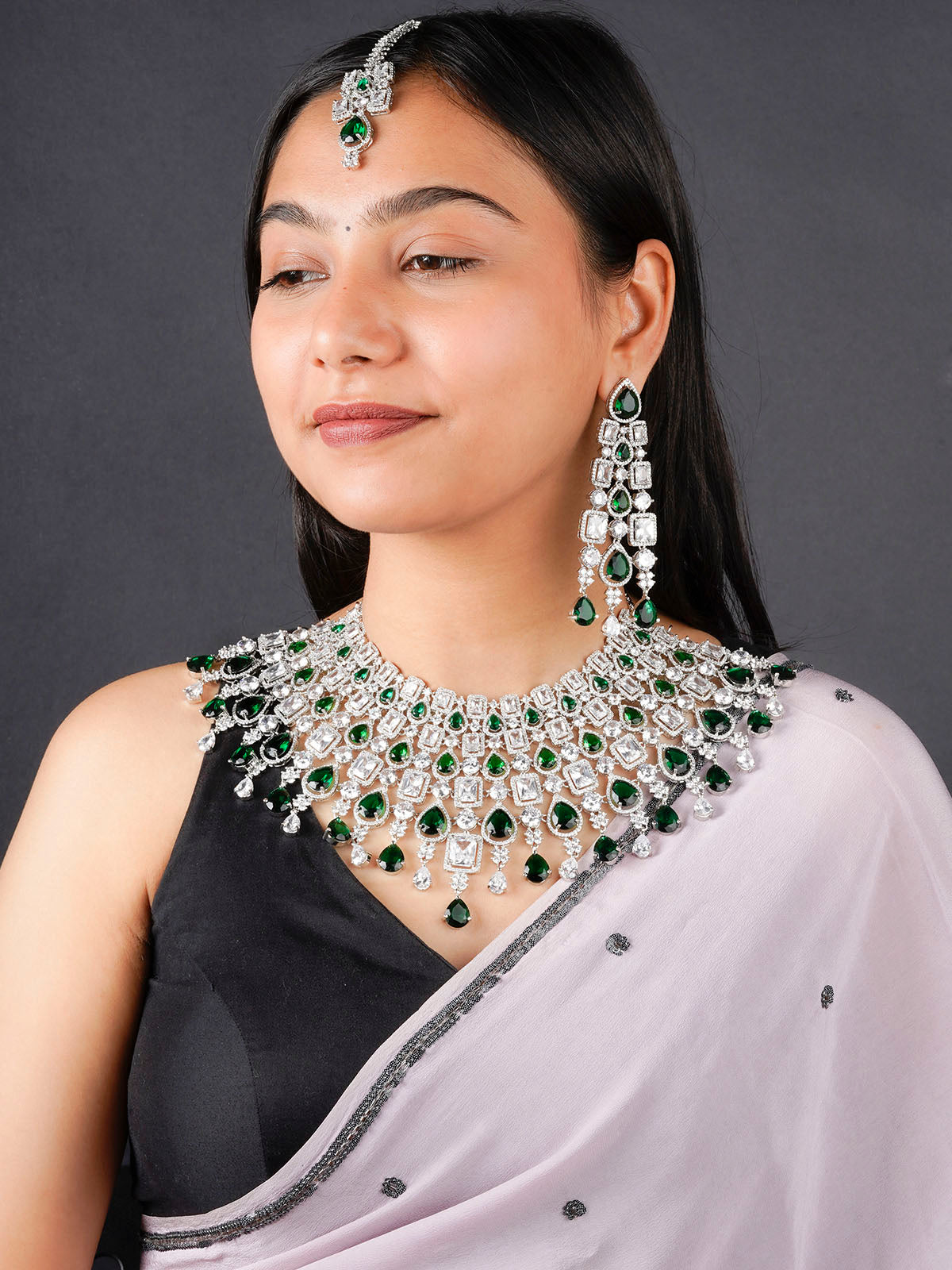 CZSET326GR - Green Color Silver Plated Faux Diamond Necklace Set