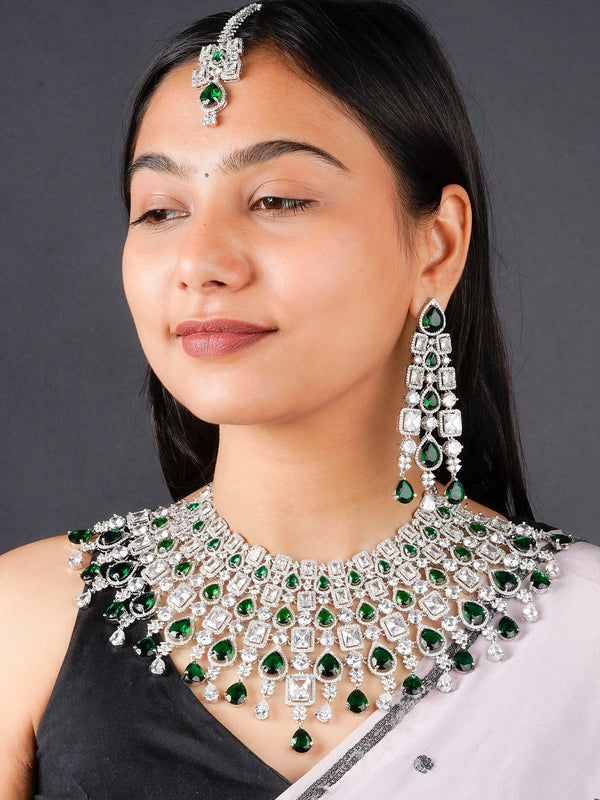 CZSET326GR - Green Color Silver Plated Faux Diamond Bridal Necklace Set