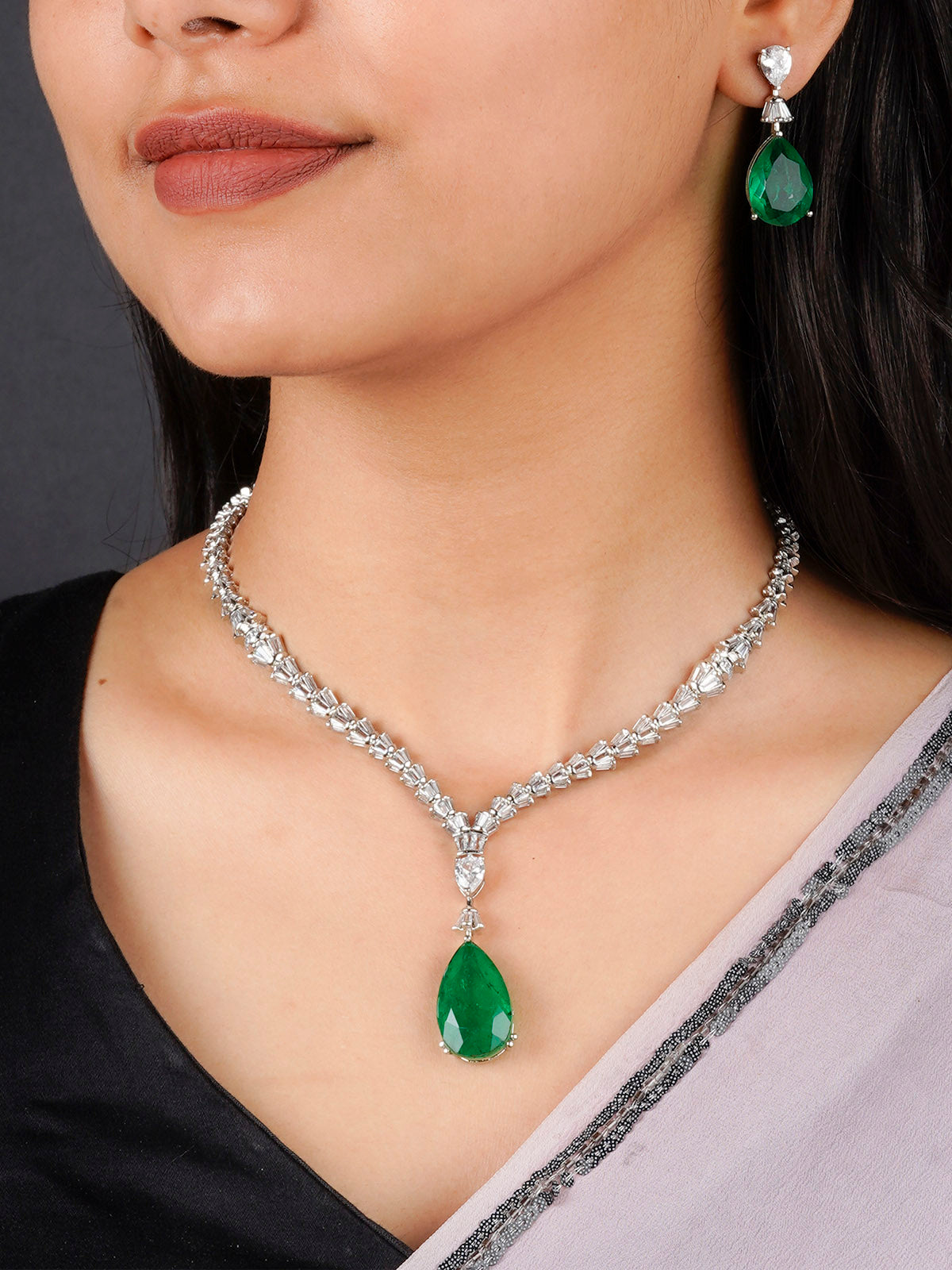 CZSET328GR - Green Color Silver Plated Faux Diamond Necklace Set