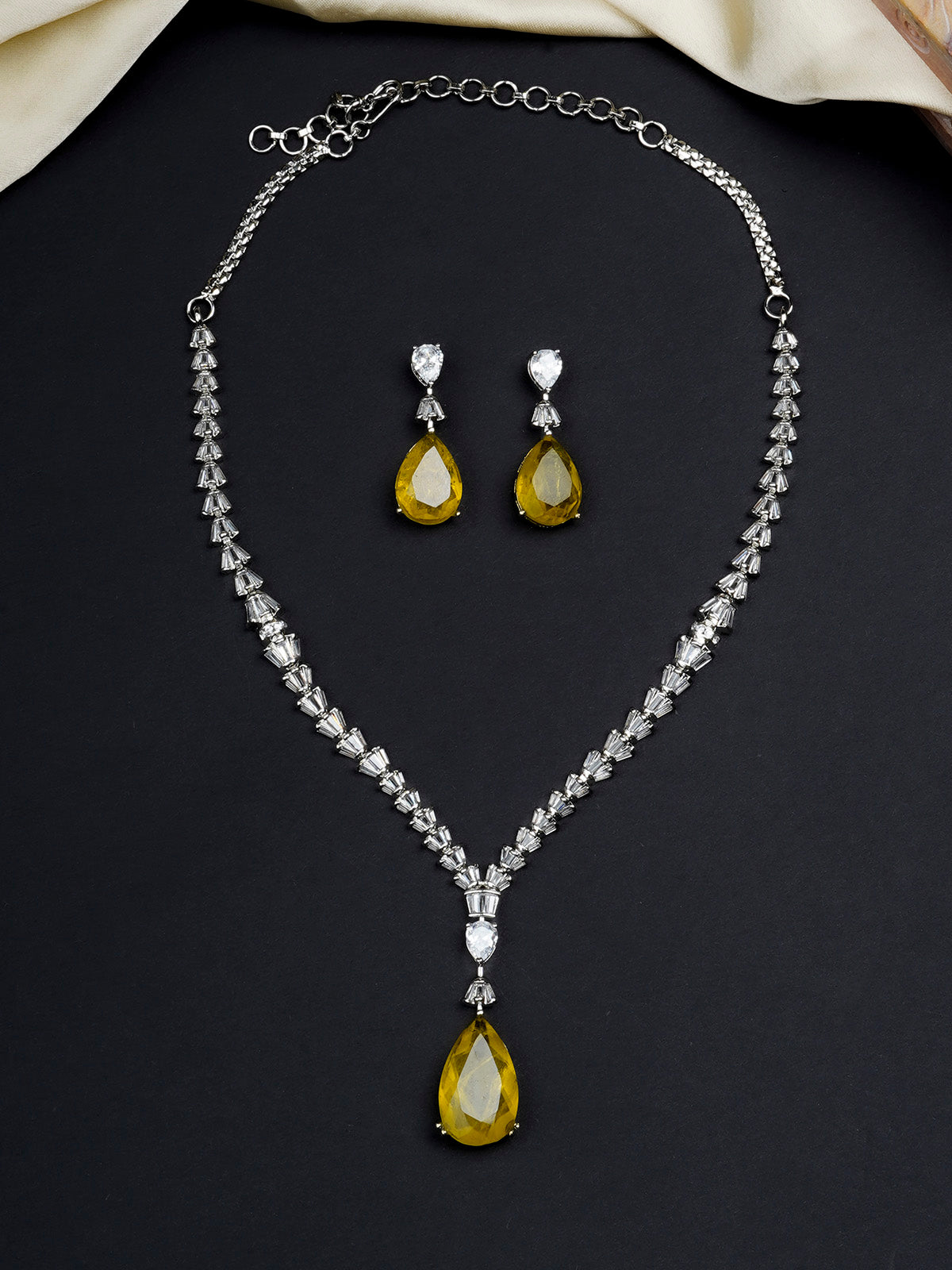 CZSET328Y - Yellow Color Silver Plated Faux Diamond Necklace Set