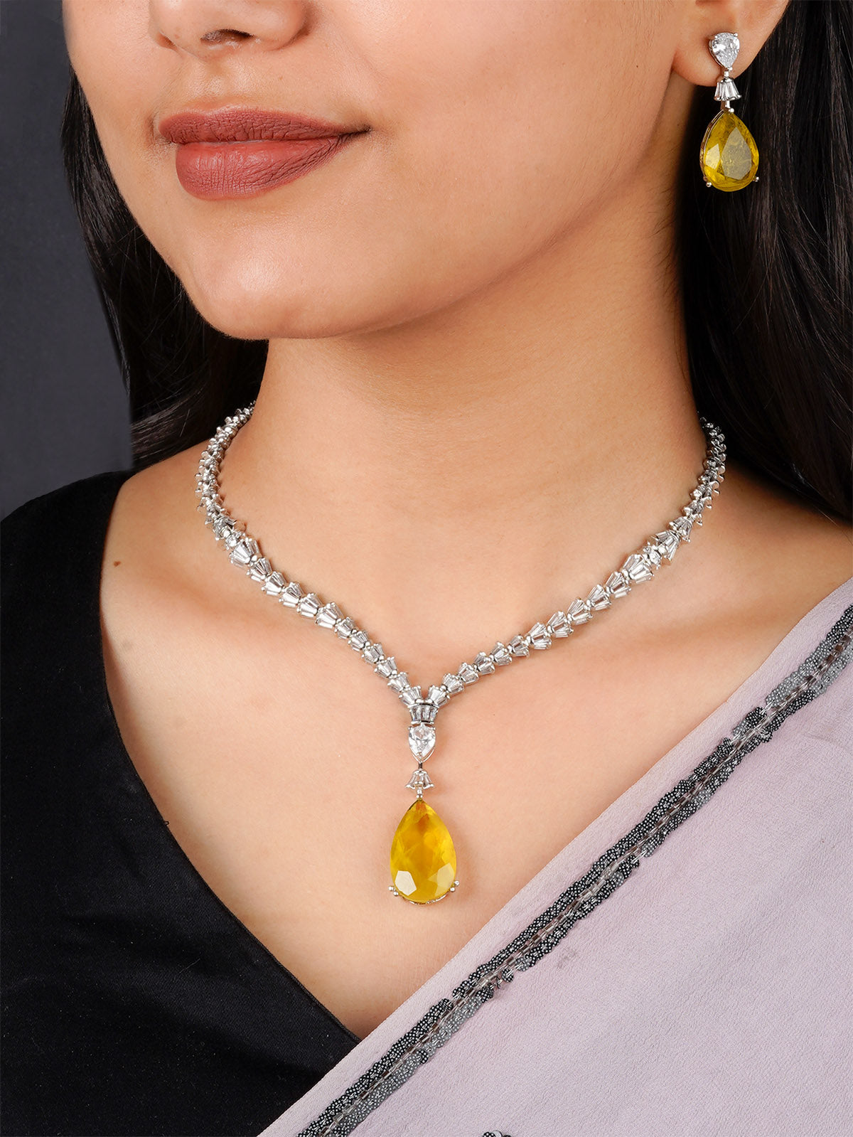 CZSET328Y - Yellow Color Silver Plated Faux Diamond Necklace Set