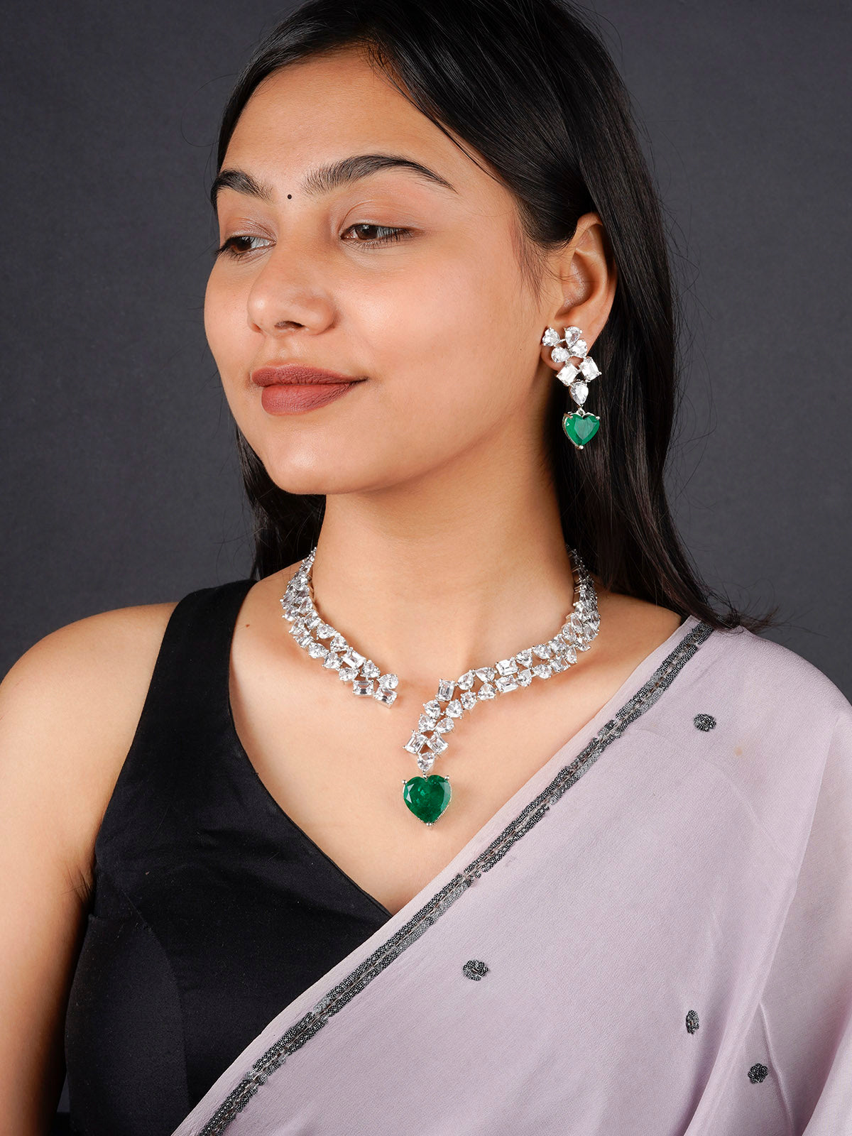 CZSET329GR - Green Color Silver Plated Faux Diamond Necklace Set
