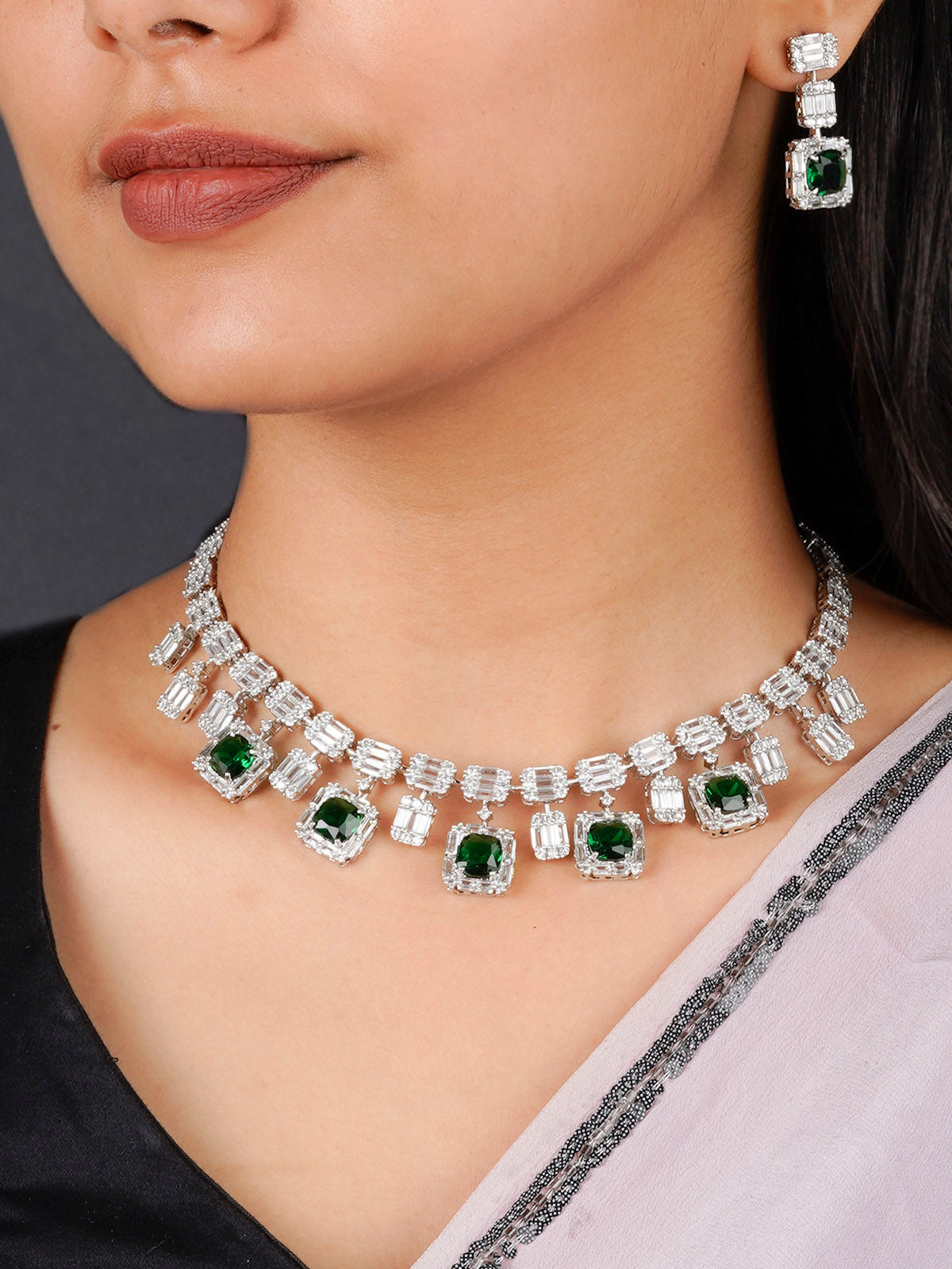 CZSET331GR - Green Color Silver Plated Faux Diamond Necklace Set