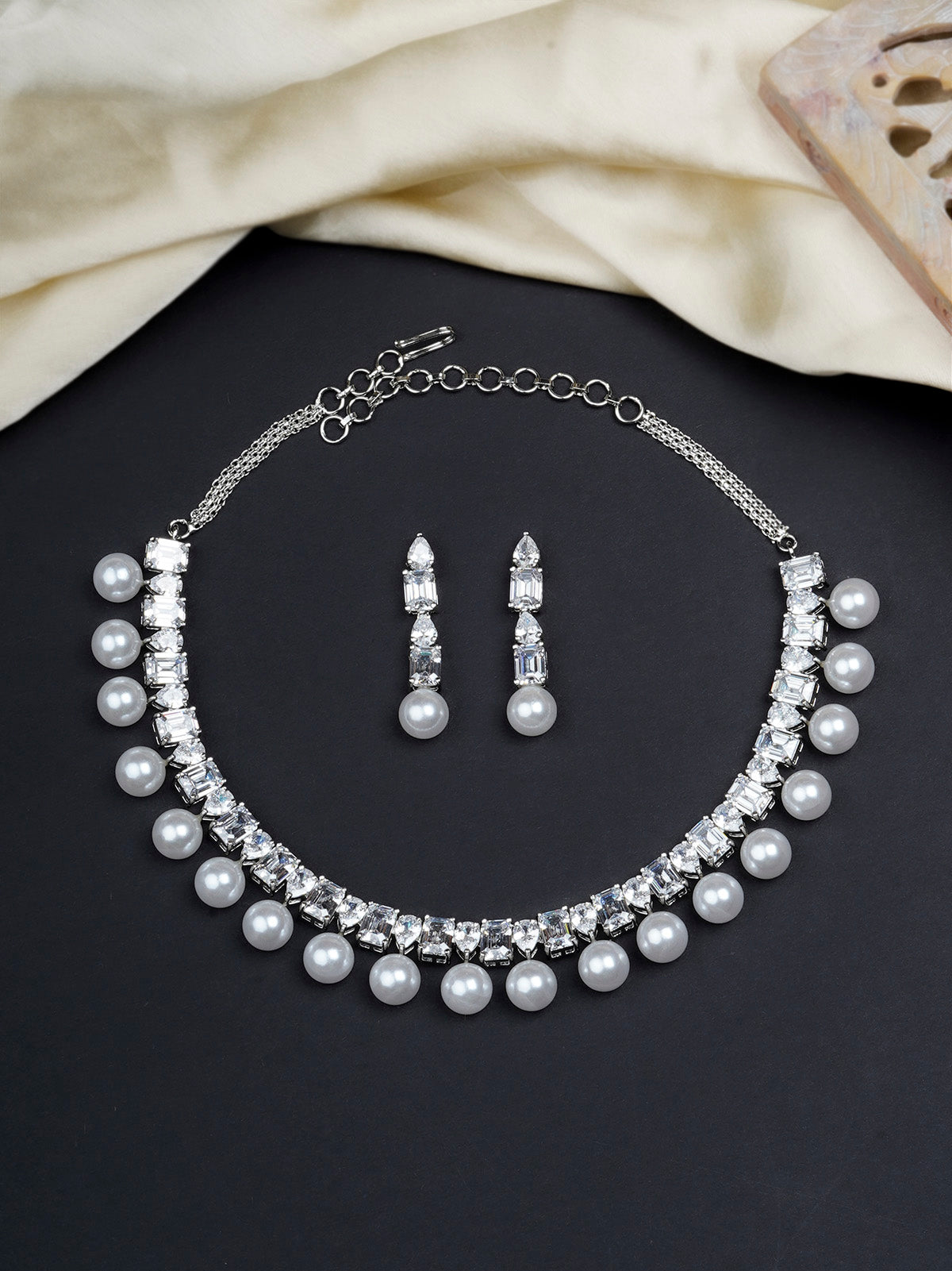 CZSET332 - White Color Silver Plated Faux Diamond Necklace Set