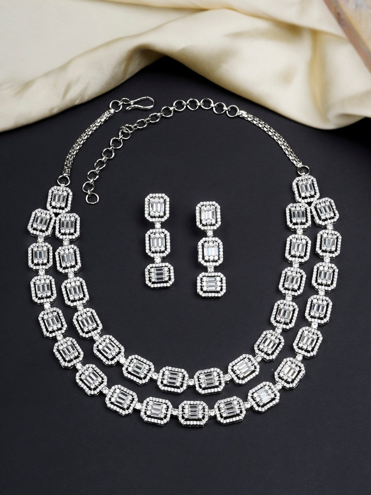 CZSET333 - White Color Silver Plated Faux Diamond Necklace Set