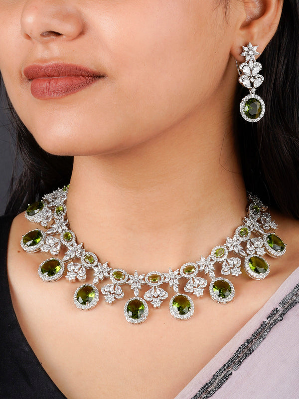 CZSET335GRA - Green Color Silver Plated Faux Diamond Necklace Set