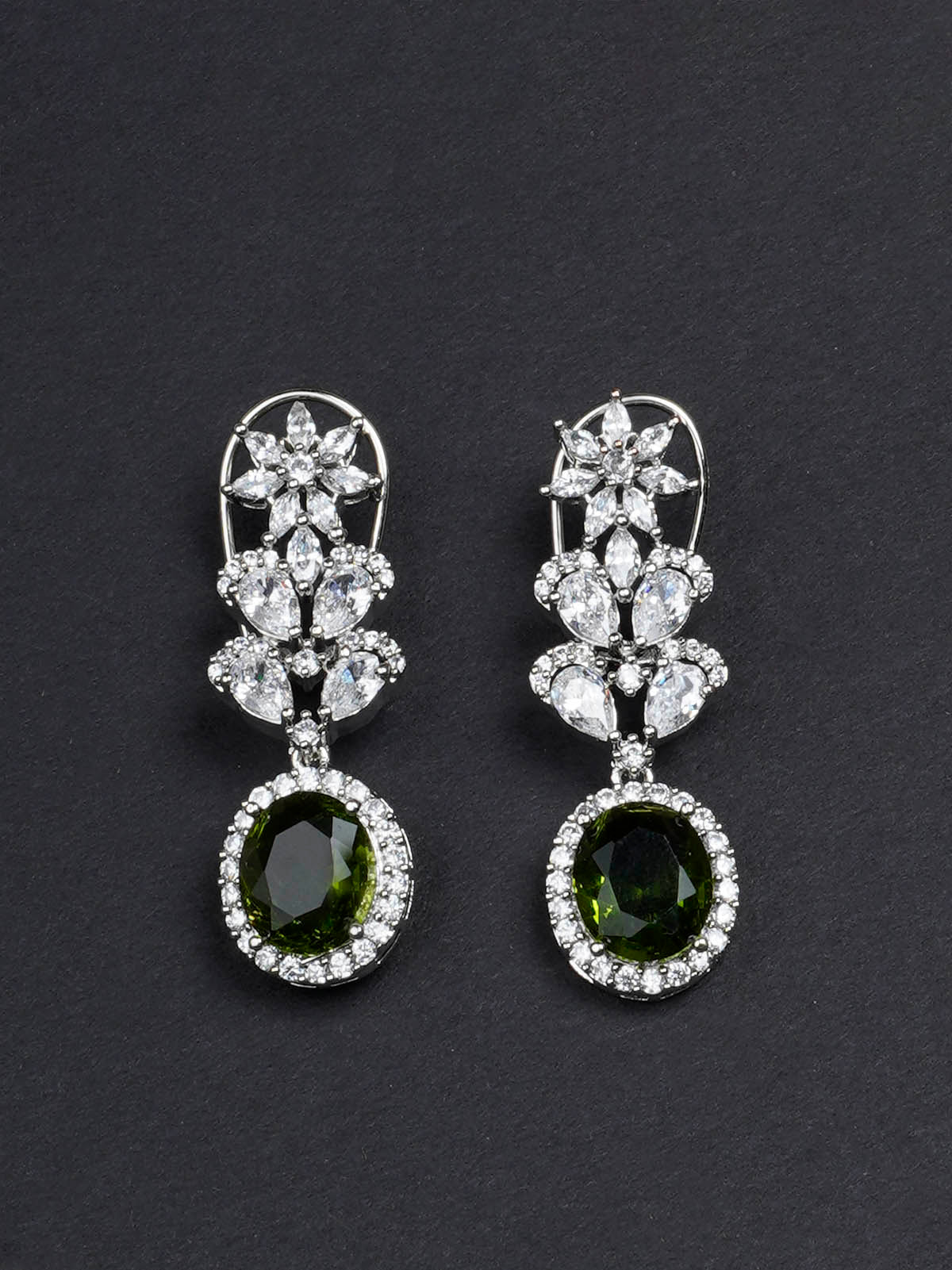 CZSET335GRA - Green Color Silver Plated Faux Diamond Necklace Set