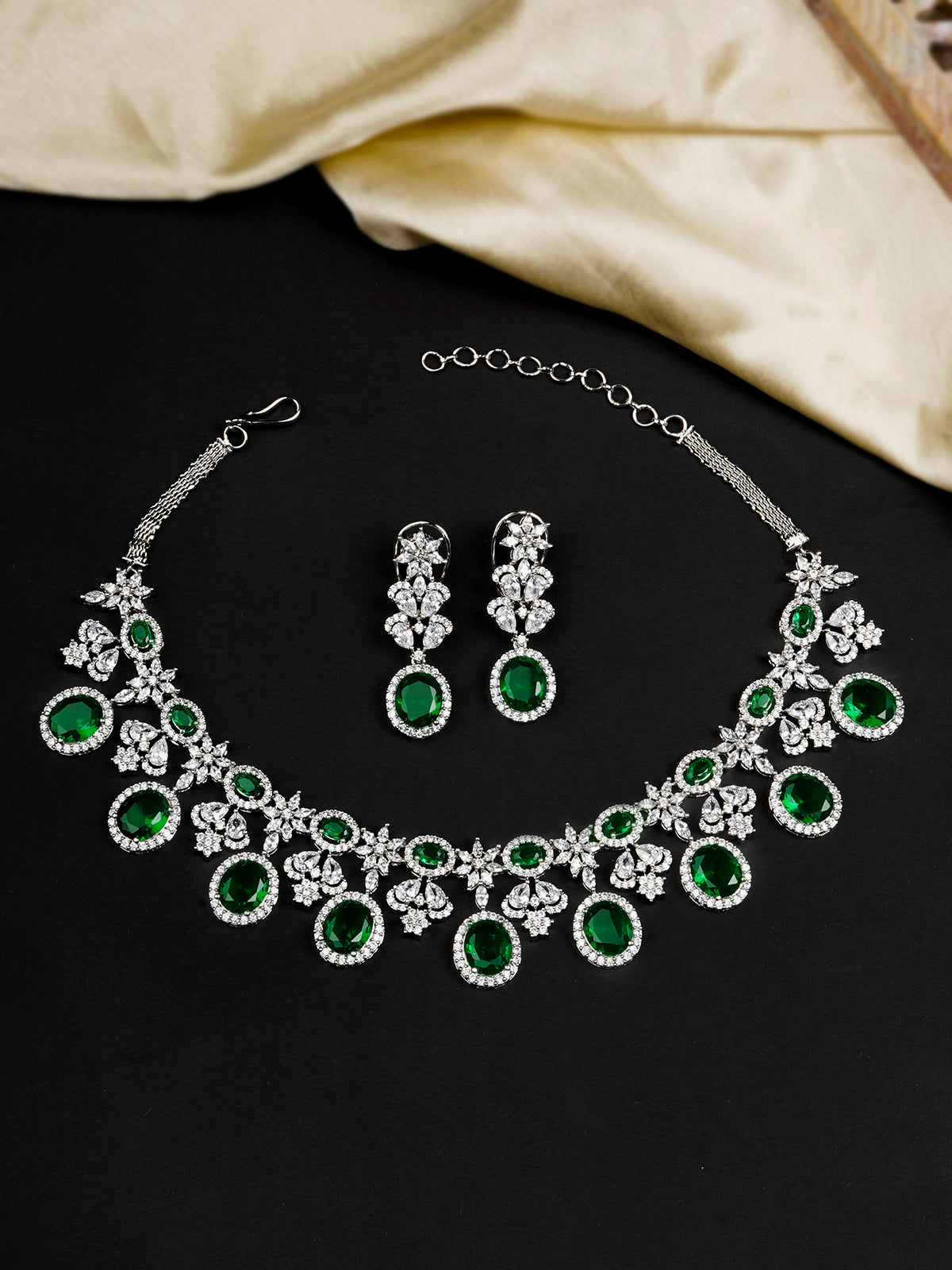 CZSET335GR - Green Color Silver Plated Faux Diamond Necklace Set