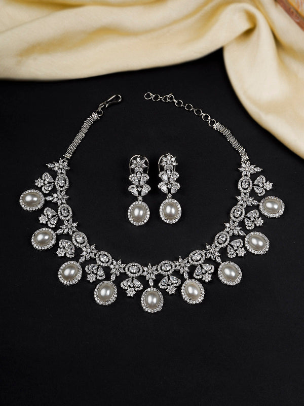 CZSET335 - White Color Silver Plated Faux Diamond Necklace Set
