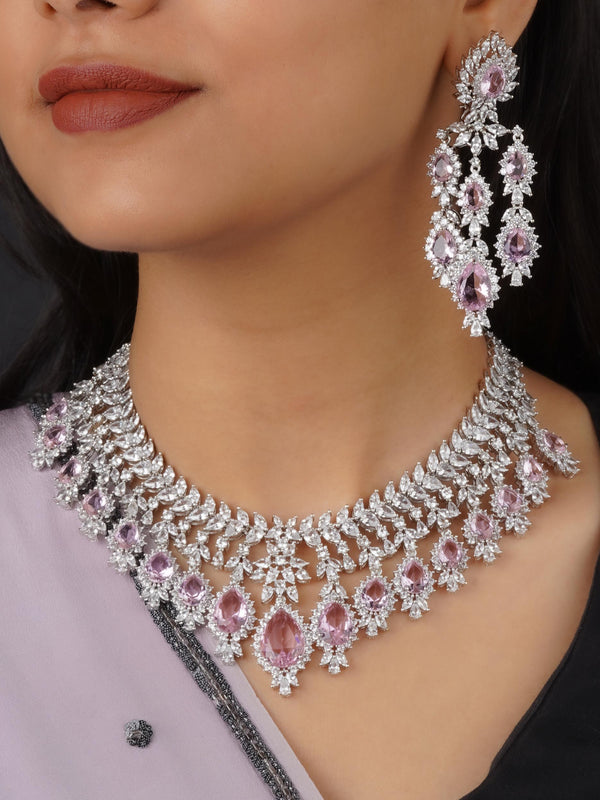 CZSET336LP - Pink Color Silver Plated Faux Diamond Necklace Set