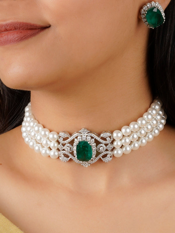 CZSET337GR - Green Color Silver Plated Faux Diamond Necklace Set