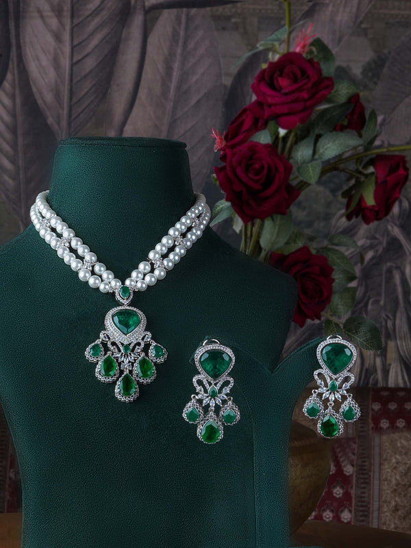 CZSET338GR - Green Color Silver Plated Faux Diamond Necklace Set