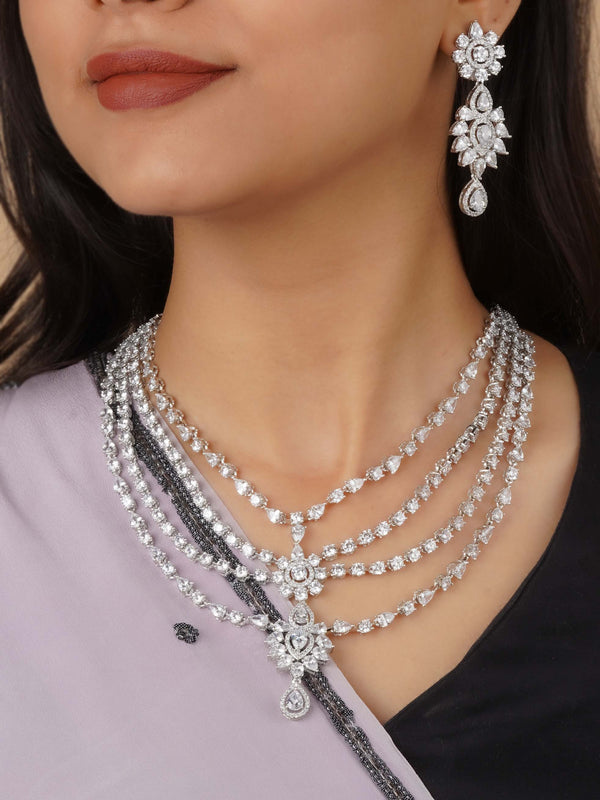 CZSET339 - White Color Silver Plated Faux Diamond Necklace Set