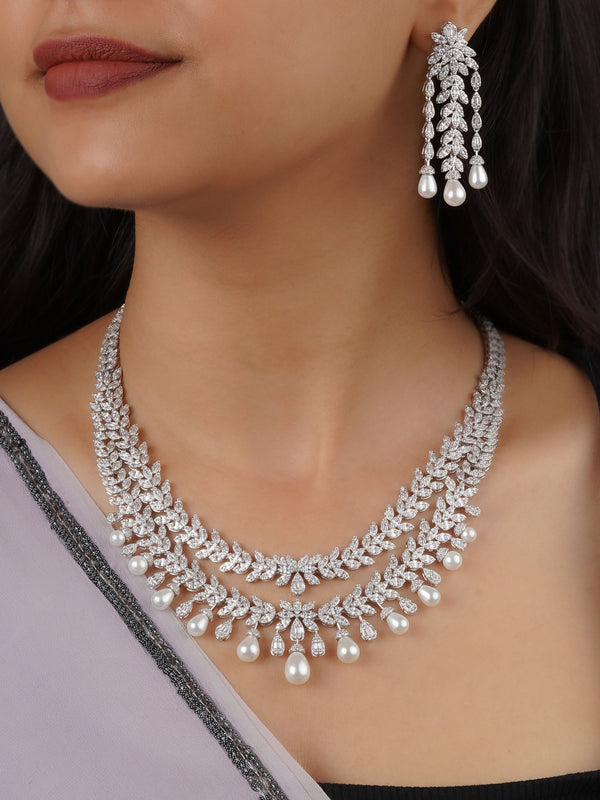 CZSET342 - White Color Silver Plated Faux Diamond Necklace Set