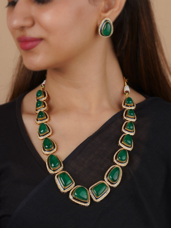 CZSET350GR - Green Color Gold Plated Faux Diamond Necklace Set