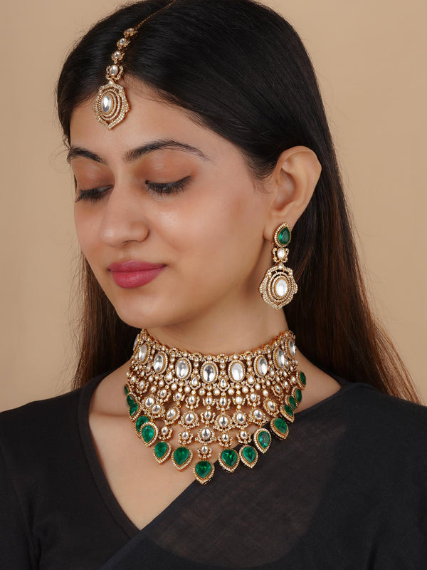 Green Color Gold Plated Faux Diamond Bridal Necklace Set - CZSET352