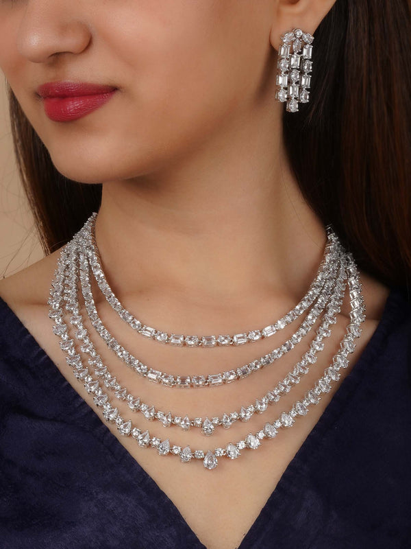 CZSET355 - White Color Silver Plated Faux Diamond Necklace Set